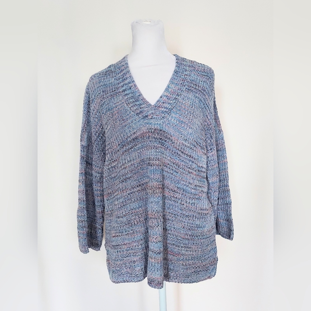J. Jill Easy Dropped Shoulder Sweater Marled Blue Jasper 100% Cotton Size XS
